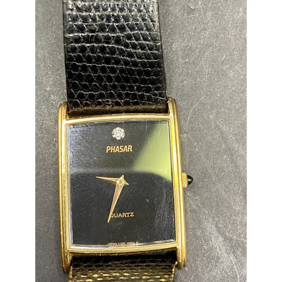 Phasar Gold Tone Rectangle Black Dial Quartz Watch Y100-5470 Black Leather Band - Picture 8 of 8